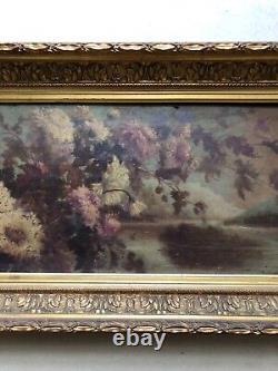 Ancient Framed Painting, Lakeside Landscape and Flowers, Oil on Panel 19th Century