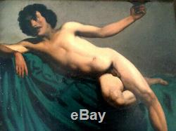 Ancient Handsome Nude Academic Male Academy Of Man XIX Oil On Canvas Painting