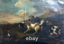 Ancient Hunting Table, Oil On Canvas, Dog Pack Facing The Wolf, 18th