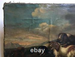 Ancient Hunting Table, Oil On Canvas, Dog Pack Facing The Wolf, 18th