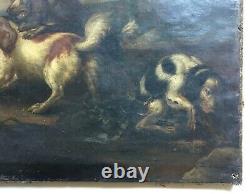 Ancient Hunting Table, Oil On Canvas, Dog Pack Facing The Wolf, 18th
