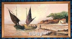 Ancient Marine Painting Great Oil On Canvas Signed A. Abougit Early Xxth