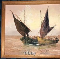 Ancient Marine Painting Great Oil On Canvas Signed A. Abougit Early Xxth