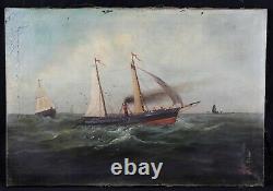Ancient Oil On Canvas 47.5 X 70 CM Ships On A Sea Formed By Marine