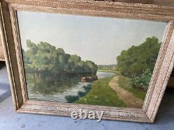 Ancient Oil On Canvas Bord De Canal Signe Georges Lattes