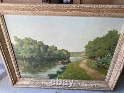 Ancient Oil On Canvas Bord De Canal Signe Georges Lattes