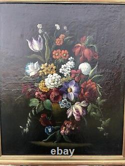 Ancient Oil On Canvas Flowers Botanical Bouquet