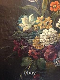 Ancient Oil On Canvas Flowers Botanical Bouquet