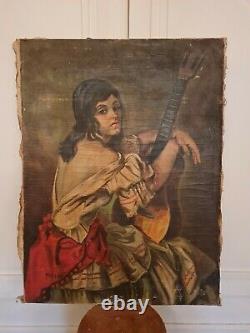 Ancient Oil On Canvas, Gypsy With His Guitar, Signed