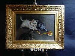 Ancient Oil On Canvas Painting Framed Cat Games