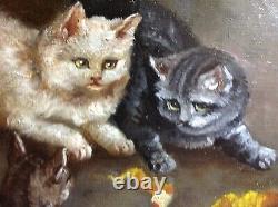 Ancient Oil On Canvas Painting Framed Cat Games