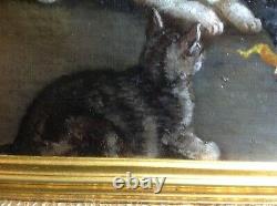 Ancient Oil On Canvas Painting Framed Cat Games