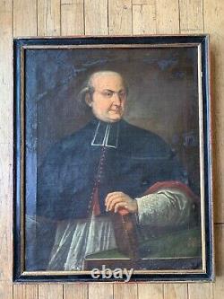 Ancient Oil On Canvas Portrait Of Chanoine In The Eighteenth Century Bible Religiosa