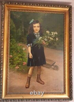 Ancient Oil On Canvas Portrait Of Young Girl Sign Émile Brunet 1910