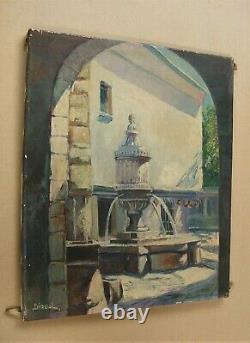 Ancient Oil On Canvas Signed Sirval Fountain Of Peyra In Vence