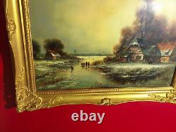 Ancient Oil On Canvas Signed, Winter Landscape Icy River With Characters