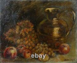 Ancient Oil On Canvas Still Life With Autumn Fruits And Copper Signed