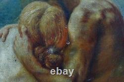 Ancient Oil On Panel Signed V. Simon Man And A Woman Naked And Entwined