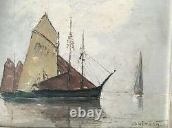 Ancient Oil On Sign Marine Marine Landscape Sailboat Signed Hermann