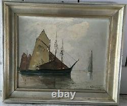 Ancient Oil On Sign Marine Marine Landscape Sailboat Signed Hermann