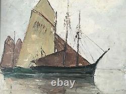 Ancient Oil On Sign Marine Marine Landscape Sailboat Signed Hermann