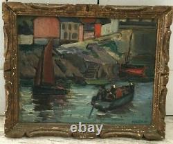 Ancient Oil On Sign Signed Marine Landscape Port Village Sailboat France