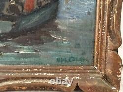 Ancient Oil On Sign Signed Marine Landscape Port Village Sailboat France