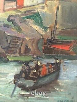 Ancient Oil On Sign Signed Marine Landscape Port Village Sailboat France