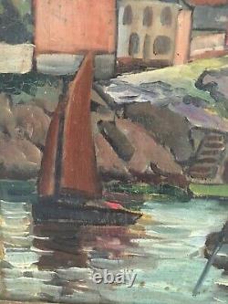 Ancient Oil On Sign Signed Marine Landscape Port Village Sailboat France