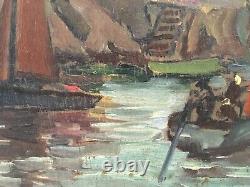 Ancient Oil On Sign Signed Marine Landscape Port Village Sailboat France