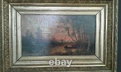 Ancient Oil Painting On Canvas. Barque On The River. Xixth. Barbizon