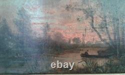 Ancient Oil Painting On Canvas. Barque On The River. Xixth. Barbizon