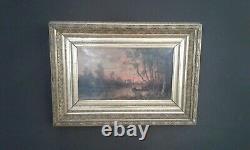 Ancient Oil Painting On Canvas. Barque On The River. Xixth. Barbizon