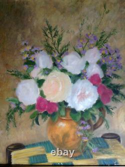 Ancient Oil Painting On Canvas Bouquet De Roses Au Pichet