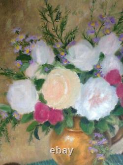 Ancient Oil Painting On Canvas Bouquet De Roses Au Pichet