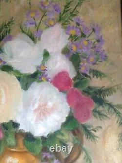 Ancient Oil Painting On Canvas Bouquet De Roses Au Pichet