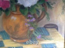 Ancient Oil Painting On Canvas Bouquet De Roses Au Pichet