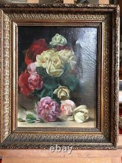 Ancient Oil Painting On Canvas Bouquet Of Flowers Signed