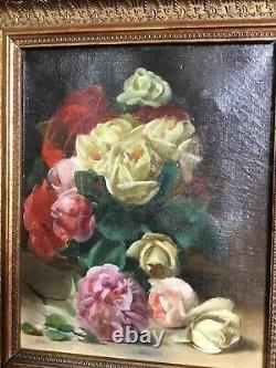 Ancient Oil Painting On Canvas Bouquet Of Flowers Signed