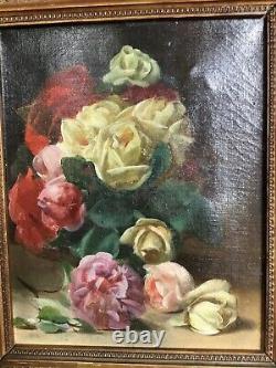 Ancient Oil Painting On Canvas Bouquet Of Flowers Signed