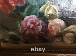 Ancient Oil Painting On Canvas Bouquet Of Flowers Signed