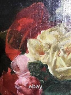 Ancient Oil Painting On Canvas Bouquet Of Flowers Signed