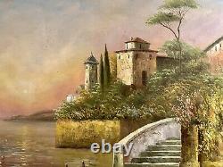 Ancient Oil Painting On Canvas Italian Lakeside Tuscany Signed Romano Rossini
