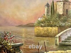 Ancient Oil Painting On Canvas Italian Lakeside Tuscany Signed Romano Rossini