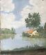 Ancient Oil Painting On Canvas Landscape House Lake Sky River Trees 19th Century