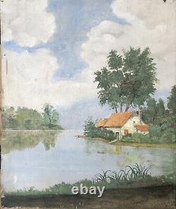 Ancient Oil Painting On Canvas Landscape House Lake Sky River Trees 19th Century