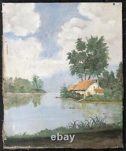 Ancient Oil Painting On Canvas Landscape House Lake Sky River Trees 19th Century