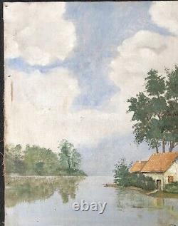 Ancient Oil Painting On Canvas Landscape House Lake Sky River Trees 19th Century