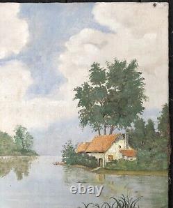 Ancient Oil Painting On Canvas Landscape House Lake Sky River Trees 19th Century