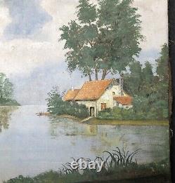 Ancient Oil Painting On Canvas Landscape House Lake Sky River Trees 19th Century